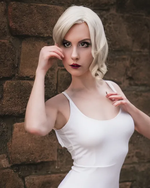 Image similar to 2 8 mm portrait of gorgeous emily skinner cosplaying annie leonhart wearing tight white dress, pale skin, rule of thirds, cinematic lighting, sharp focus, backlit, stunning, smooth, hard focus, glamour pose, full body shot, octane 8 k, higly detailed