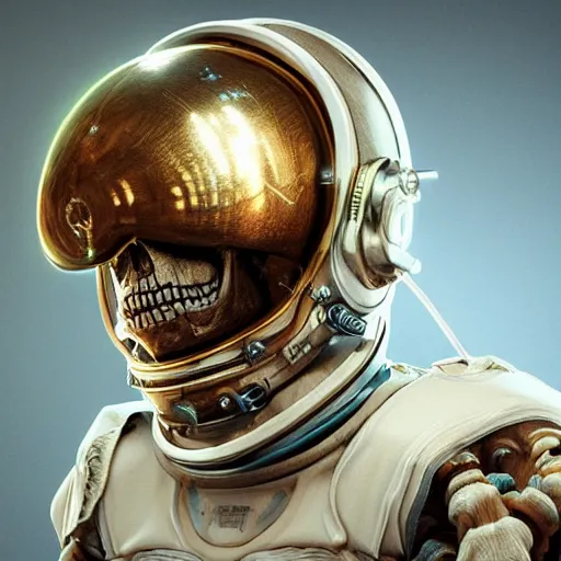 Prompt: super detailed 1 6 k hyperrealistic skeleton wearing astronaut helmet with carvings on the skull and helmet in golden unreal engine, octane render in the artstyle of finnian macmanus, john park and greg rutkowski