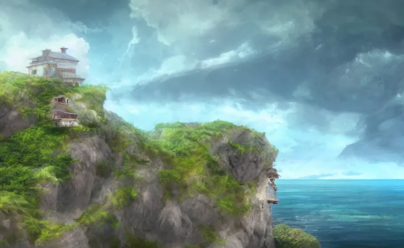 Prompt: one house on a cliff over an ocean, one small boat, dangerous cliffside, trees. matte painting, anime, trending on ArtStation, digital art.