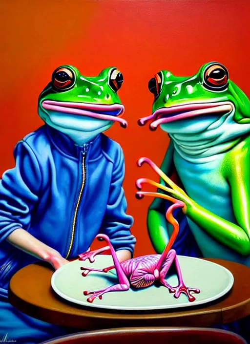Image similar to hyper realistic detailed painting of a frog criminal family in japanese clothes in an old italian restaurant eating roasted flamingos and drinking neon blue wine by Bel Fullana, Tony Matelli, Rhys Lee, Storm Thorgerson, and Danny Fox, neo expressionism art, semi naive, rich deep colors. Allison Schulnik painting, part by Adrian Ghenie and Gottfried Helnwein. art by Ron Mueck. masterpiece