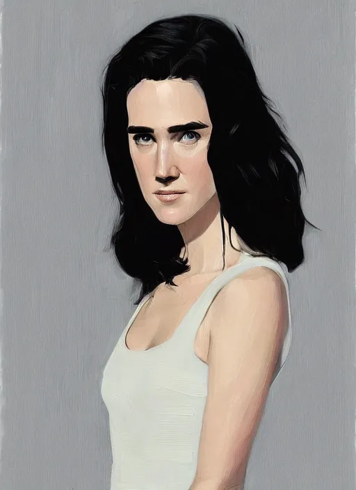 Prompt: detailed artwork by phil noto ; young jennifer connelly ; brush texture ; asymmetric composition ; trending on artstation ; gallery painting by phil noto, by phil noto.