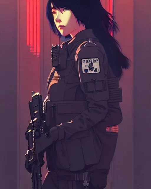 Image similar to girl wearing in tactical gear | | audrey plaza, fine detail!! anime!! realistic shaded lighting!! dramatic!! poster by ilya kuvshinov katsuhiro otomo ghost - in - the - shell, magali villeneuve, artgerm, jeremy lipkin and michael garmash and rob rey