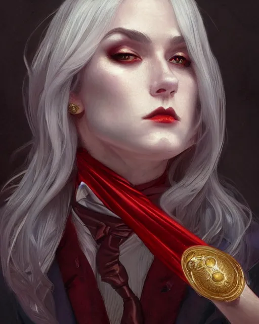 Image similar to female vampire, perfect face, gold waistcoat, long grey hair, red necktie, cinematic, stunning, highly detailed, digital painting, artstation, smooth, hard focus, illustration, art by artgerm and greg rutkowski and alphonse mucha