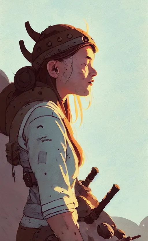 Prompt: female viking by atey ghailan, by greg rutkowski, by simon stalenhag, by greg tocchini, by james gilleard, by joe fenton, by kaethe butcher dynamic lighting, gradient light blue, brown, blonde cream and white color scheme, grunge aesthetic