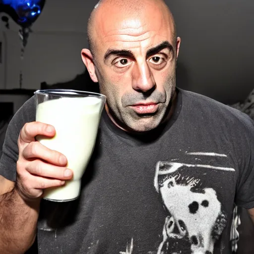 Image similar to joe rogan drinking milk high on shrooms in berlin on new years eve