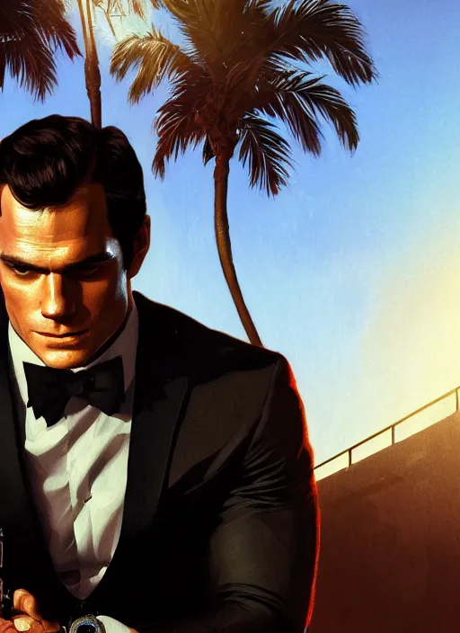 Image similar to portrait of henry cavill as james bond, casino, key art, sprinting, palm trees, highly detailed, digital painting, artstation, concept art, cinematic lighting, sharp focus, illustration, by gaston bussiere alphonse mucha