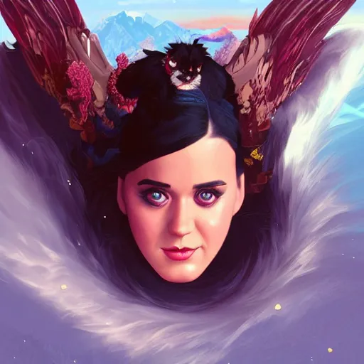 Image similar to intense fan art, katy perry flying over mt. everest, digital art by artgerm, mucha, loish, wlop, kilian eng, artstation