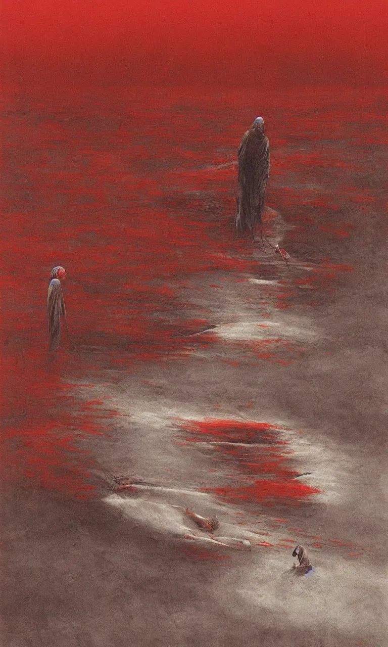 Prompt: dead river, dead fish, red color, highly detailed, 8 k, artstation, beutifull, masterpiece by beksinski
