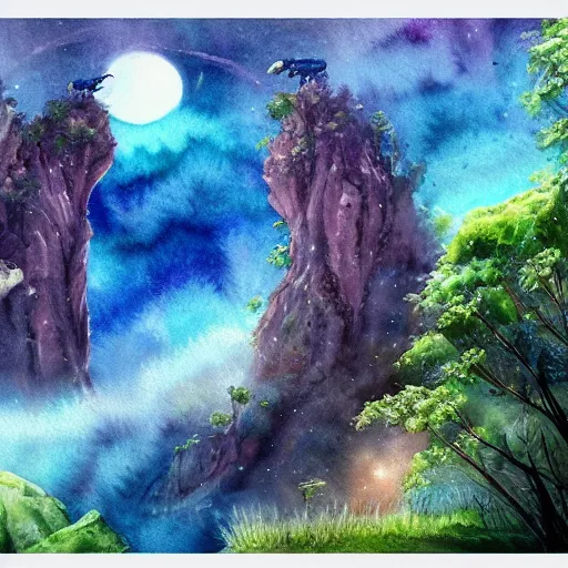 Image similar to beautiful lush natural scene on another planets majestic cliffs, with interesting creatures. different than earth but beautiful. lightfall. beautiful detailed artistic watercolor. trending on artstation and deviantart.