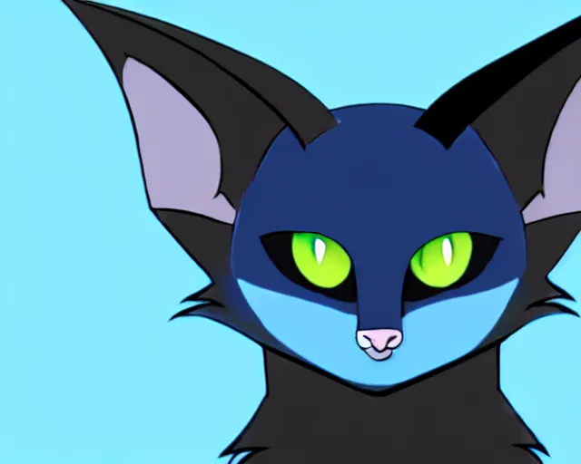 Image similar to a blue - and - black male catbat fursona with blue / green heterochromatic eyes ( differently - colored eyes, one eye green, one eye blue ) and huge bat ears, photo of the catbat streaming on his computer