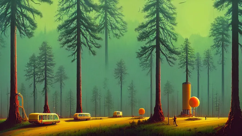 Prompt: Clean, Cheap Abundant,Nuclear Energy Future, Forest in Harmony with Nature; Location: San Francisco, California; by Simon Stålenhag; retro-futuristic ; retro natural-futurism;