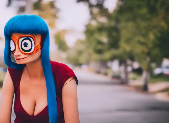 Image similar to portrait photo still of real life futurama character leela, cyclops, 8 k, 8 5 mm f 1. 8