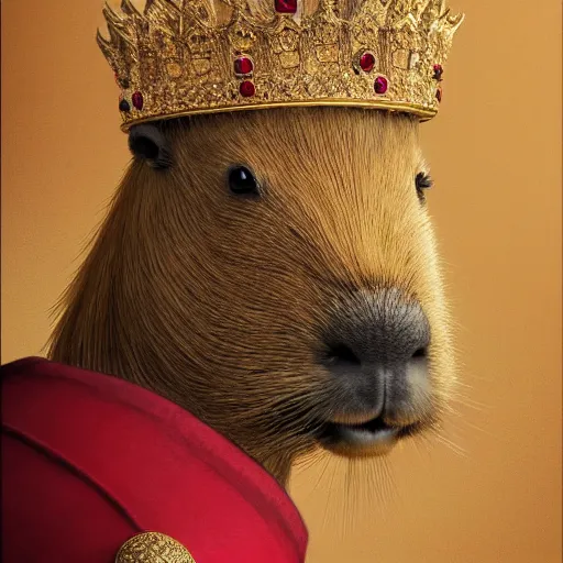 Image similar to detailed photorealistic painting of a capybara, wearing a ultra detailed ornamented gold crown with diamonds, in a highly detailed medieval knight armor with red cape, standing in front of a photorealistic detailed castle, sharp focus in the style of ruan jia, Mandy jurgens, cinematic light, concept art, trending on artstation, ultra realistic, 8k octane render, unreal engine