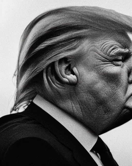 Image similar to a Trump's face in profile, gritty skin, in the style of the Dutch masters and Gregory Crewdson, dark and moody