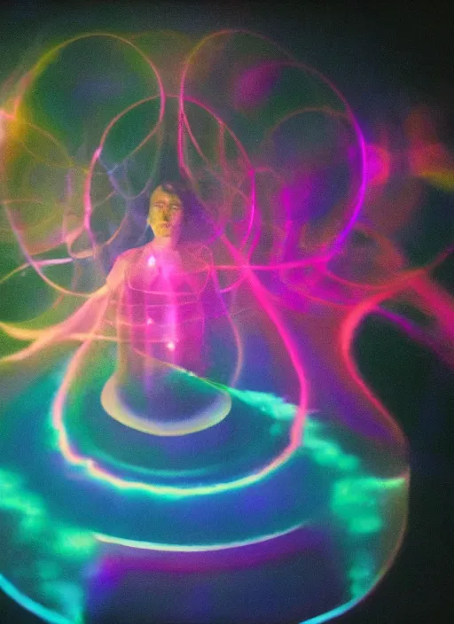 Image similar to a symmetrical female ascending astral projection, liquid glowing aura, motion blur, film grain, cinematic lighting, experimental film, shot on 1 6 mm