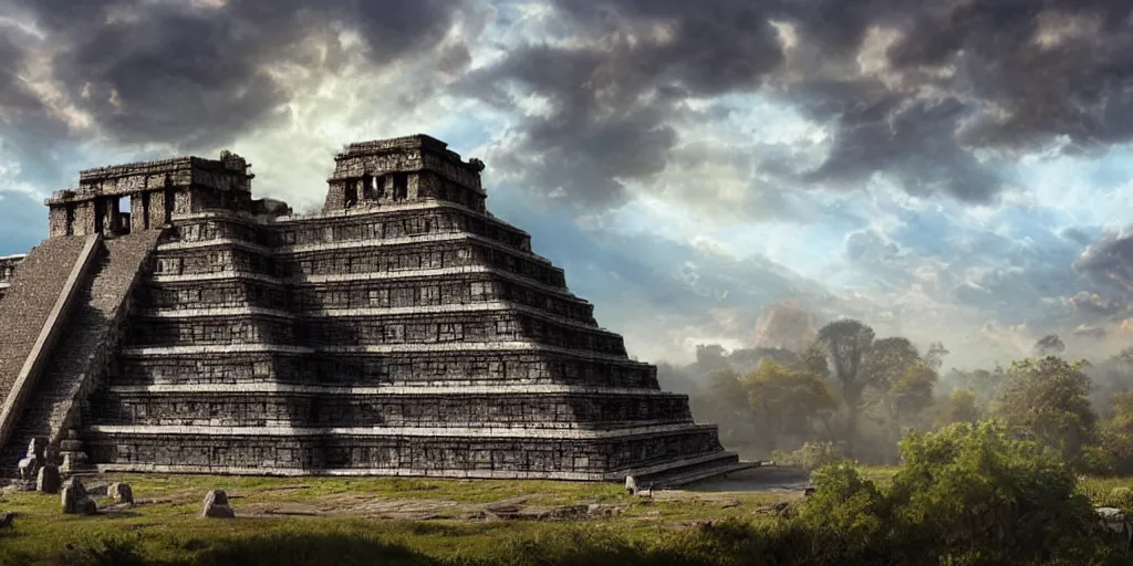 Image similar to beautiful ancient aztec temple overrun by nature, gorgeous clouds, god rays, digital art, landscape, fantasy art, octane render, ureal engine, high detail, very realistic, by greg rutkowski. by james gurney