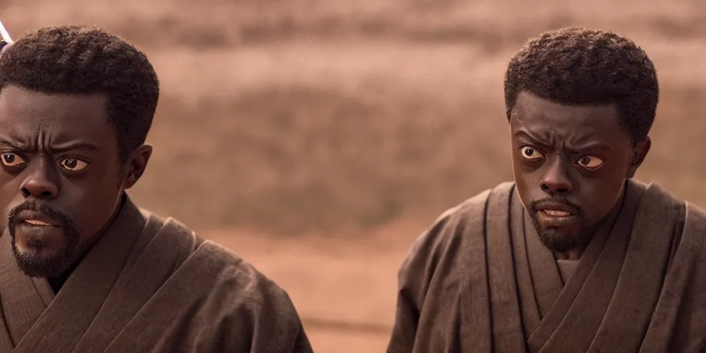 Prompt: a film still of daniel kaluuya starring as an ancient samurai in a japanese blockbuster film, shallow depth of field, cinematic, award winning cgi, vfx, film still