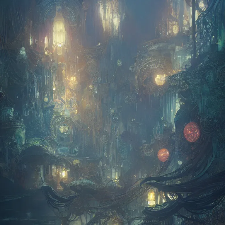 Image similar to a beautiful painting of the city of atlantis, with glowing lights, corals and jellyfish, intricate, elegant, highly detailed, digital painting, artstation, concept art, by krenz cushart and artem demura and alphonse mucha