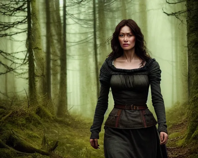 Prompt: 5 5 mm portrait photo of olga kurylenko as real life tough looking yennefer of vengerberg, in a forest. magical atmosphere. art by greg rutkowski. highly detailed 8 k. intricate. lifelike. soft light. nikon d 8 5 0.