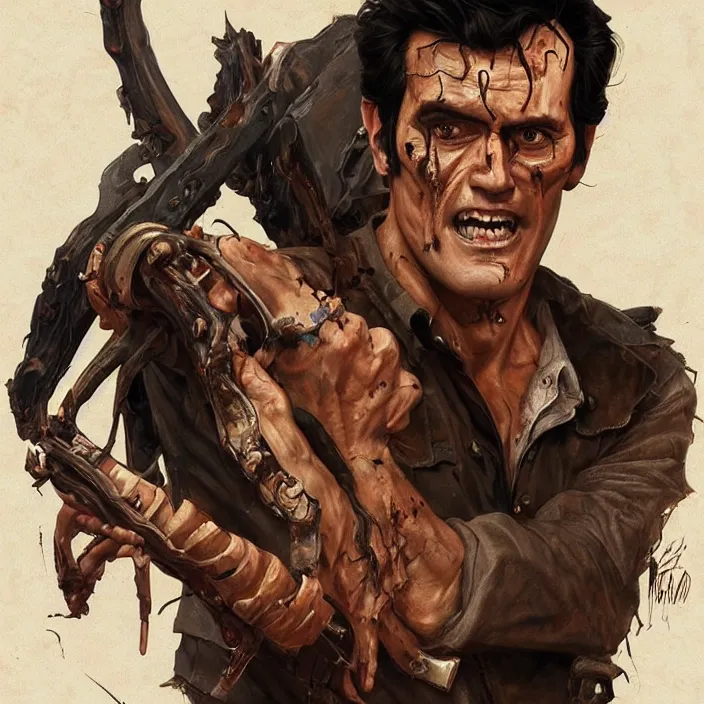 Image similar to portrait of the man from Evil Dead movie Ash Williams, \'Groovy\' fantasy, intricate, elegant, highly detailed, digital painting, artstation, concept art, smooth, sharp focus, illustration, art by artgerm and greg rutkowski and alphonse mucha