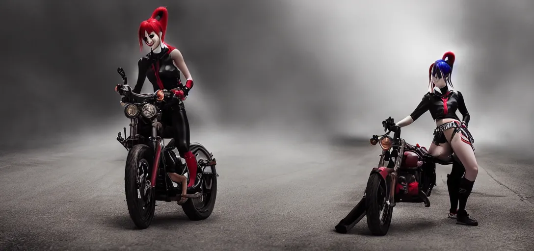 Image similar to real-life Harley Quinn riding a motorcycle holding a baseball bat, cinematic, Low angle, atmospheric fog and lighting