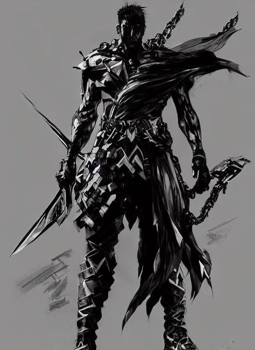 Prompt: Full body portrait of giant Nicholas Cage with a giant black blade. In style of Yoji Shinkawa and Hyung-tae Kim, trending on ArtStation, dark fantasy, great composition, concept art, highly detailed, dynamic pose.