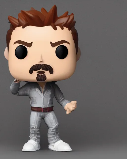 Image similar to full body 3d render of Robert Downey Junior as a funko pop, studio lighting, white background, blender, trending on artstation, 8k, highly detailed