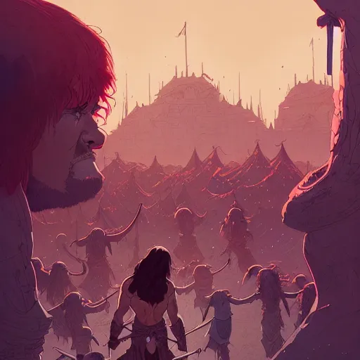 Image similar to conan the barbarian in the park, surrounded by children, illustration, wide shot, subtle colors, concept art by josan gonzales and wlop, laurie greasley, jordan grimmer and james jean, highly detailed, sharp focus, trending on artstation, hq, deviantart, art by artgem