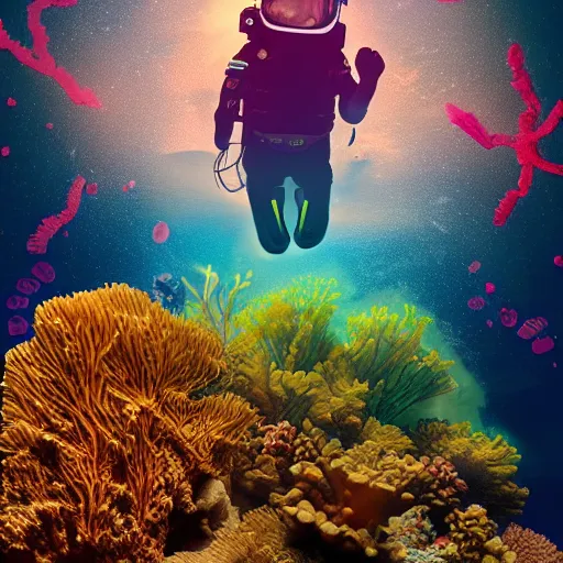 Prompt: spaceman floating underwater, corals, 4 k digital art, artwork