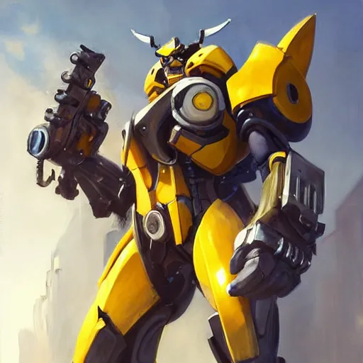 Image similar to greg manchess portrait painting of bumblebee the transformer as overwatch character, medium shot, asymmetrical, profile picture, organic painting, sunny day, matte painting, bold shapes, hard edges, street art, trending on artstation, by huang guangjian, gil elvgren, ruan jia, greg rutkowski, gaston bussiere