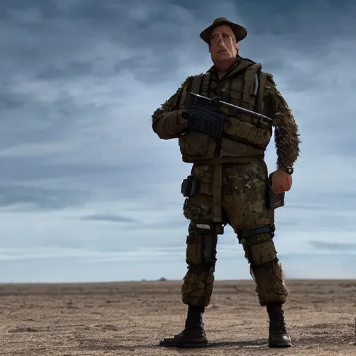 Image similar to Movie still of Saul Goodman wearing modern modern modern heavy military gear, highly detailed, 4k