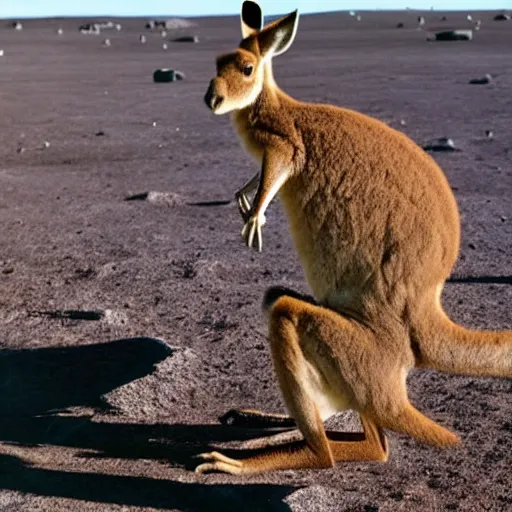 Image similar to A kangaroo is beating up on a moon base with a huge earth in the background