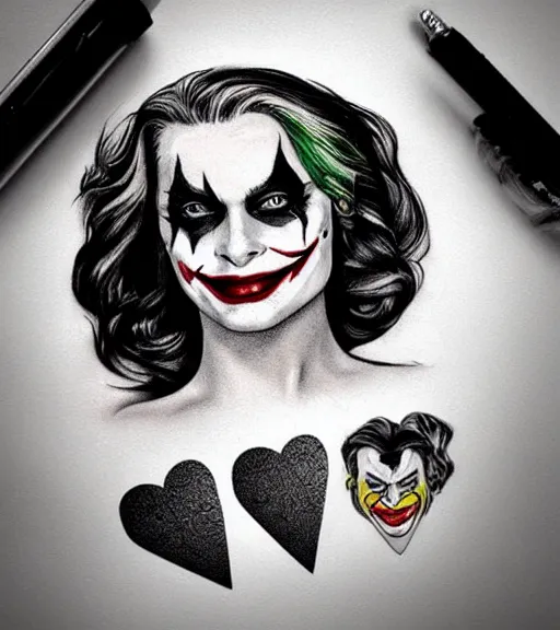 Prompt: tattoo design sketch of beautiful margot robbie wearing joker makeup and holding an ace card, in the style of den yakovlev, realistic face, black and white, realism tattoo, hyper realistic, highly detailed