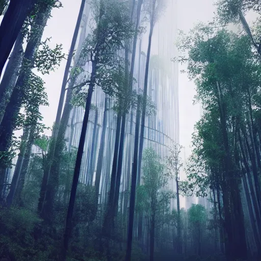 Image similar to a forest surrounded by futuristic city