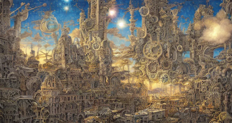 Prompt: pastel colours, guido borelli da caluso, richard dadd, smooth paper with detailed line work, Mandelbulb, Exquisite detail perfect symmetrical, silver details, hyper detailed, bold intricate ink illustration, smooth textures, steampunk, smoke, neon lights, starry sky, steampunk city, liquid polished metal, by jesper ejsing