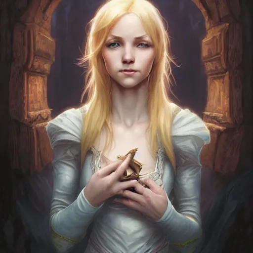 Image similar to an epic fantasy comic book style portrait painting of a young blonde girl with pixie haircut wearing plain thief clothes, confident, d & d, fantasy, intricate, elegant, highly detailed, digital painting, artstation, concept art, matte, sharp focus, illustration, art by artgerm and greg rutkowski and alphonse mucha