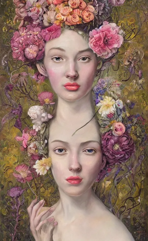 Image similar to a painting of a young woman with flowers on her head, a surrealist painting by Marco Mazzoni and Dorothea Tanning cgsociety, neo-figurative, detailed painting, rococo, oil on canvas, seapunk, made of flowers, lovecraftian