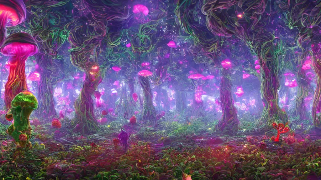 Image similar to 8k, acid trip, hall of mirrors, ultra detailed, a hyperrealistic image of a mycelium forest with neon glowing mushrooms, with magical creatures, in the style of Pokémon red, trending on patreon, artstation, deviantart. Unreal engine