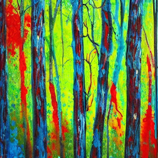 Image similar to paint splatter of a forest with green, blue, red tree trunks. acrylic of canvas, impressionist painting