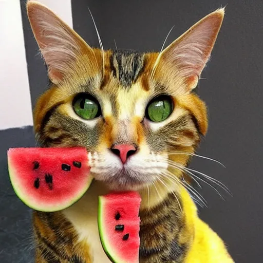 Image similar to a perfect hybrid fusion of the flesh : cat mixed with watermelon mixed with bee mixed with cat mixed with watermelon mixed with bee mixed with cat