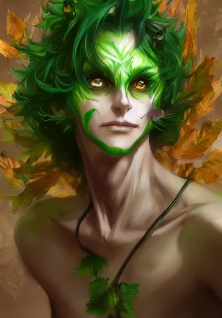 Image similar to A realistic anime portrait of a handsome dryad joker with glowing green eyes and tree bark skin wearing clothes made of leaves, digital painting, by Stanley Artgerm Lau, Sakimichan, WLOP and Rossdraws, digtial painting, trending on ArtStation, SFW version