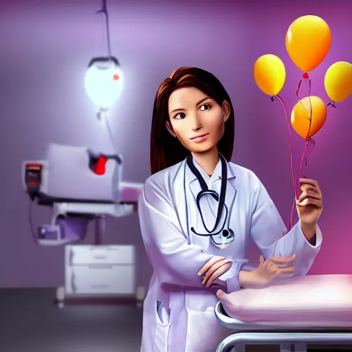 Image similar to evil doctor surgeon in hyperrealistic detailed style in a brightly lit room operating on a female patient and balloons are coming out of her abdomen