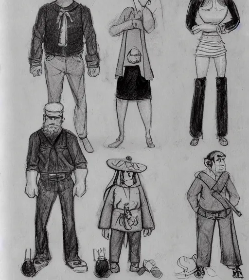 Image similar to full page scan of many character design sketches. young man, young mother, man with beard. Everyone has pale grey eyes. sailor caps, German, tapa, simple clothing. in the style of Jillian Tamaki and Richard Corben. costume designs, pleasant faces, nature colors