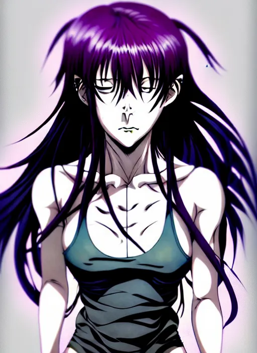 Image similar to style of madhouse studio anime, rei hiroe black lagoon manga, loish, artgerm, joshua middleton comic art, portrait of revy from black lagoon, purple hair, chinese, symmetrical eyes and symmetrical face, jean shorts, white tank top, waist up, sarcastic evil smirk on face, natural lighting, sky and ocean background