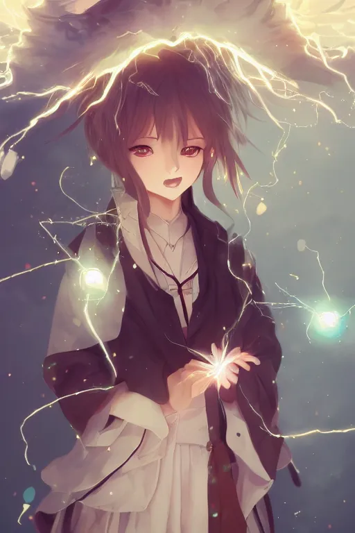 Prompt: an anime girl wizard conjuring a lightening ball, character art portrait, illustrated by wlop, extremely detailed, 8 k, trending on artstation, cinematic lighting, beautiful,