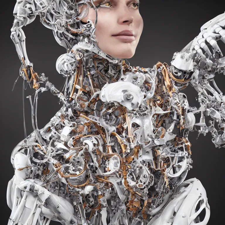 Image similar to a beautiful biomechanical robot woman, with artificial nerves and bones and muscles, machines buidling machines using machines, cyberpunk in the style of westworld by annie leibowitz, golden hour, photography, portrait, dslr, closeup - view, angelic, soft lighting, insanely detailed and intricate, hypermaximalist, elegant, ornate, hyper realistic, super detailed