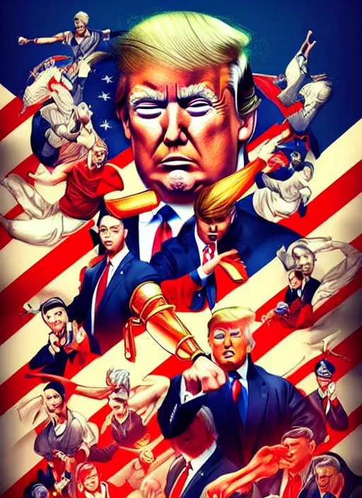 Image similar to donald trump!!!! martial artist!! movie poster, character concept art, sharp focus, octane render! unreal engine 5! highly rendered!! trending on artstation!! detailed linework!! illustration by artgerm, wlop, and chie yoshii