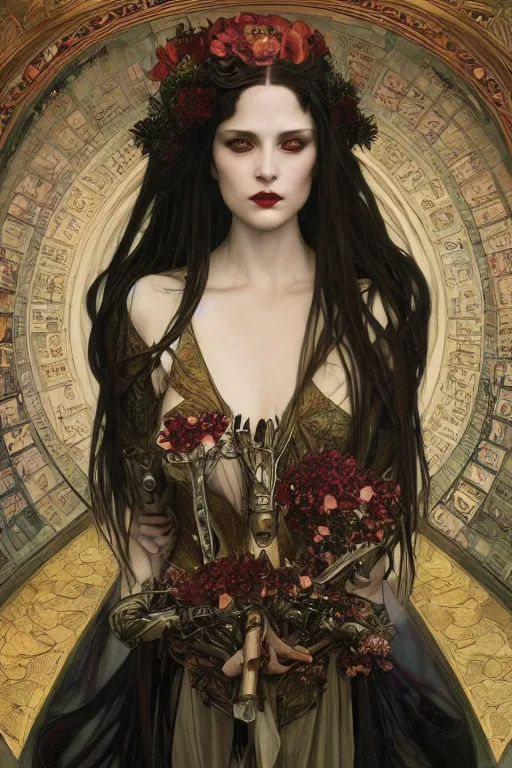 Prompt: masterpiece painting of beautiful vampire girl by donato giancola, darius zawadzki and tom bagshaw, face by artgerm and edmund leighton, alphonse mucha, background by james jean and h. r. giger, 8 k, biomechanical horror, majestic, volumetric lighting, porcelain skin, french nouveau, trending on pixiv