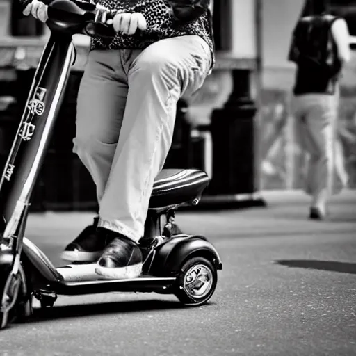 Prompt: an old mod riding a mobility scooter with lots of mirrors realistic cinematic 3 5 mm