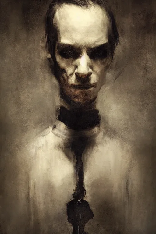 Prompt: detailed cinematic moody colors studio portrait of a possessed young victorian gentleman being controlled like a puppet, creepy evil vibe, high quality by jeremy mann, only one head single portrait